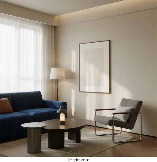 Modern living room with blue sofa and armchair