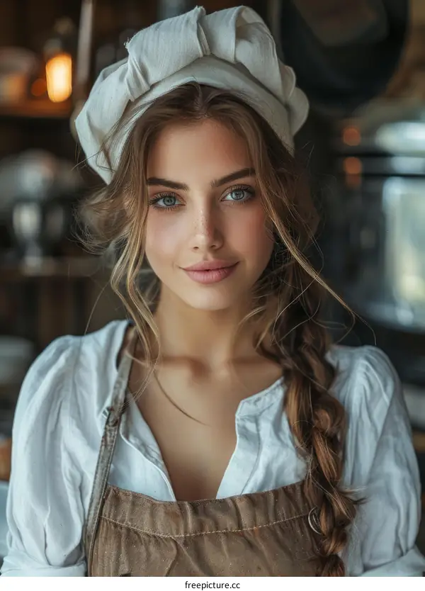 portrait of a beautiful young woman in a white apron and hat