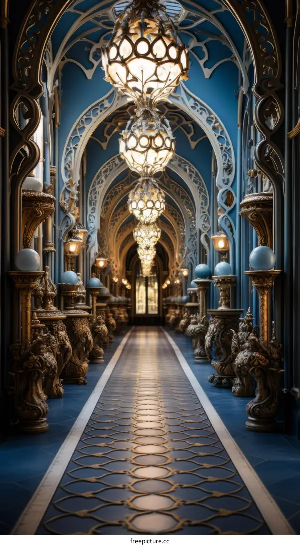 A long blue hallway with golden statues