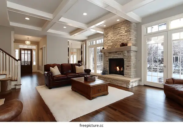 Modern Living Room with Fireplace and Patio Doors
