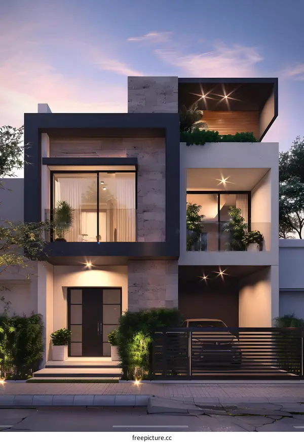 Modern House Exterior Design with Stone Facade and Balcony