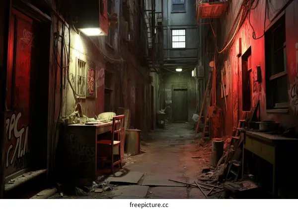 A dark and dirty alleyway with a red light shining at the end