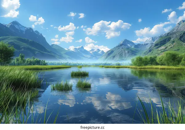 Mountains, Lake and Green Meadow Landscape