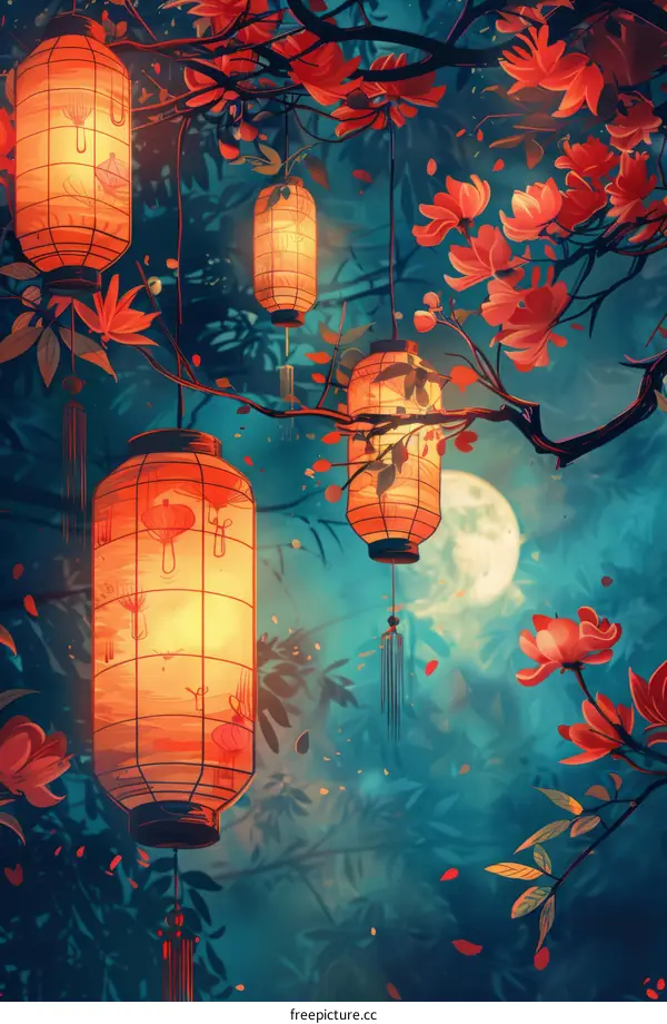 red paper lanterns hanging from a tree with red and pink flowers and a full moon in the background