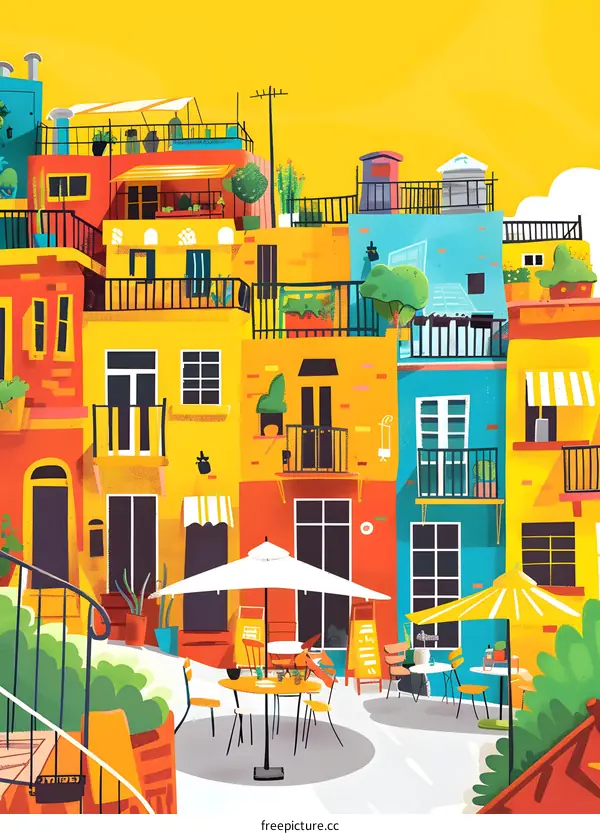 Colorful Illustration of a European City with Balconies and Patios