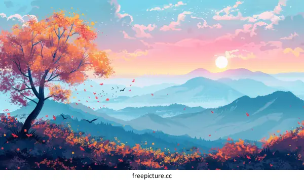 Colorful landscape of mountains and trees with a setting sun in the background