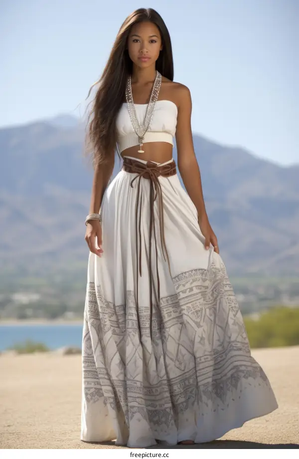A beautiful young woman wearing a white dress is standing in the desert.