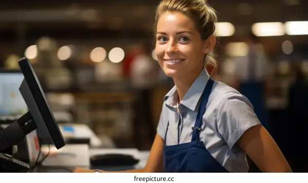 Portrait of a young woman working as a cashier in a supermarket