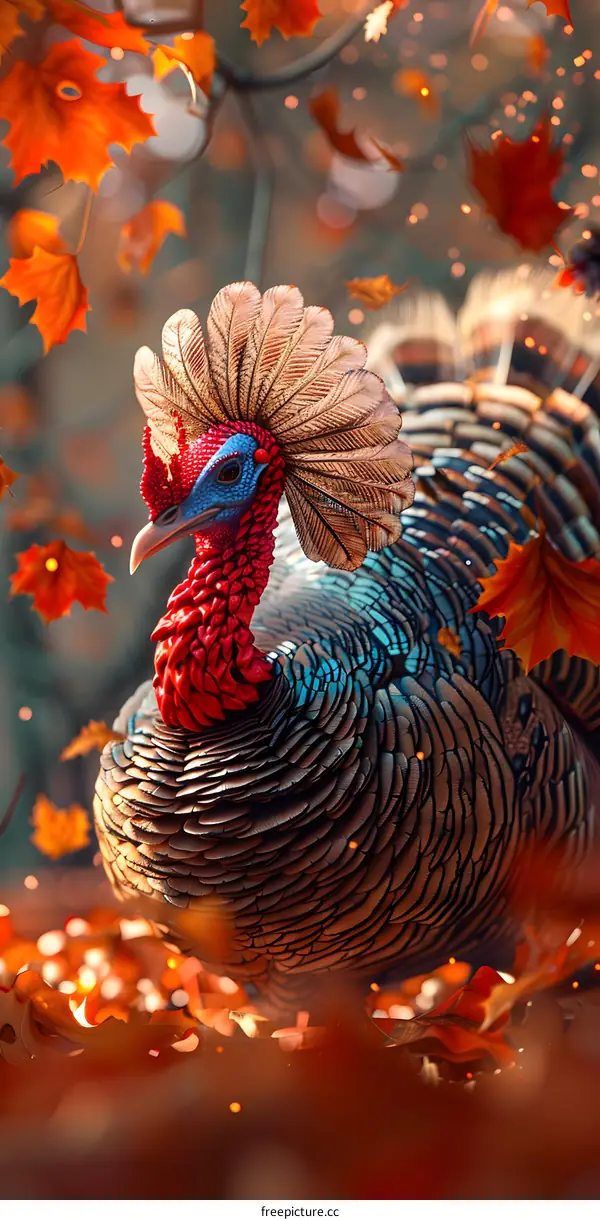 A majestic turkey stands in a field of red and orange leaves.