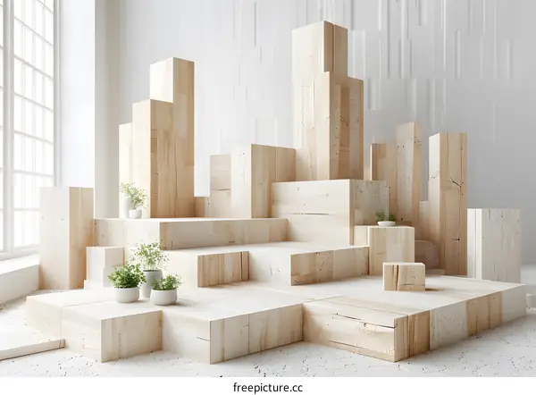 Wooden podiums of different heights with white background