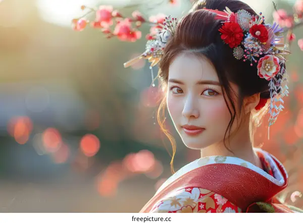 Portrait of a beautiful Japanese woman in traditional kimono