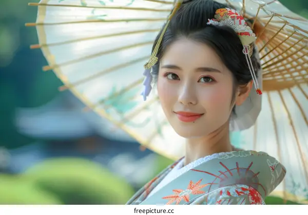 Young Woman in Traditional Japanese Kimono with Umbrella