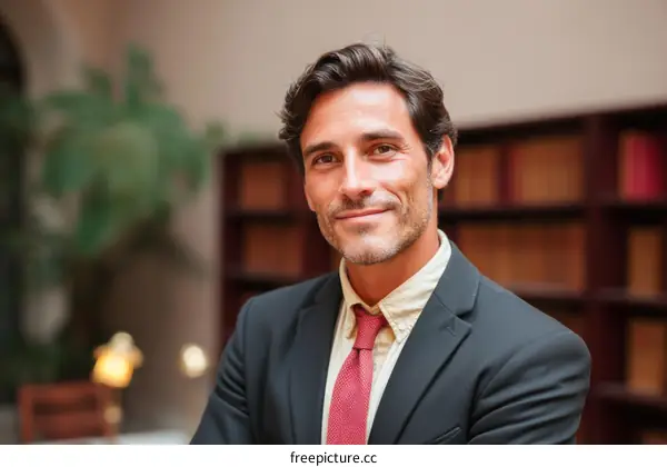 Professional man in suit standing in library with bookshelves