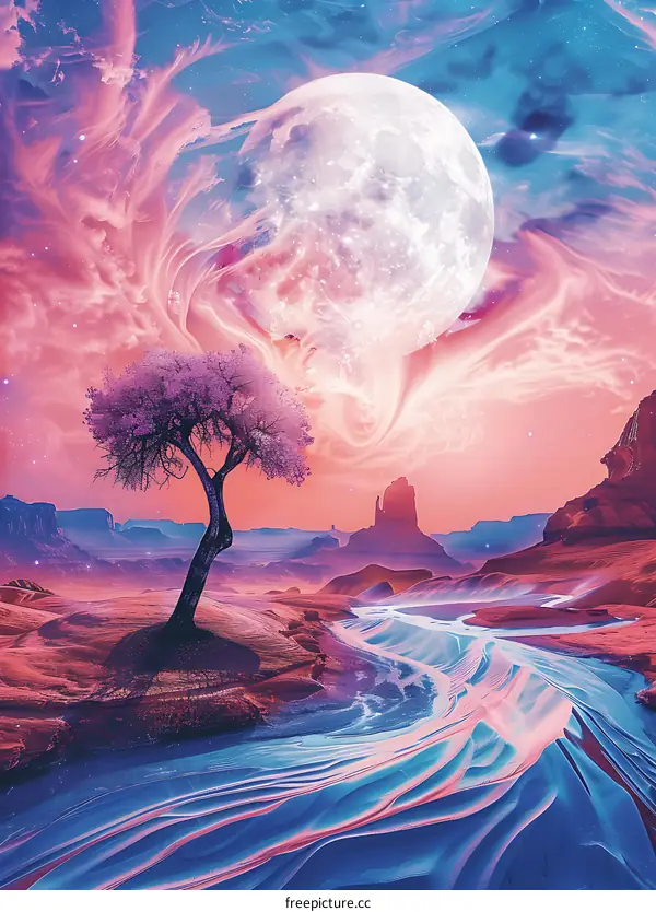Surreal Landscape With Full Moon and Tree