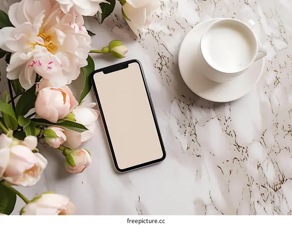Flat Lay Mockup of a White Marble Surface with a Phone, Flowers and Coffee