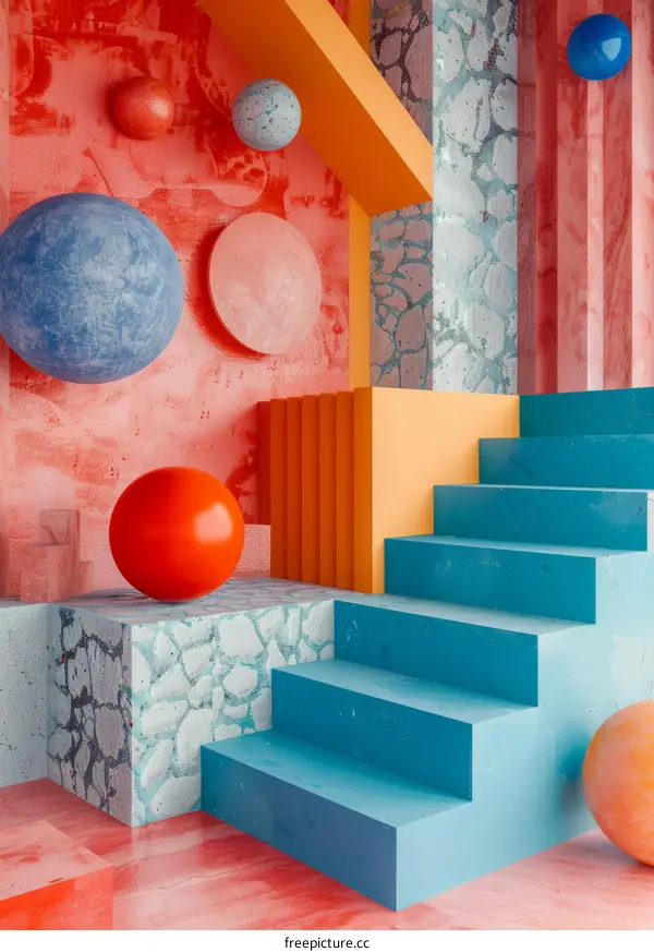 3D Rendering of a Colorful Abstract Room with Stairs and Geometric Shapes
