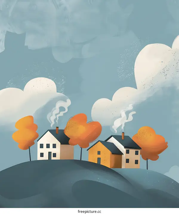 Autumn Houses with Smoke