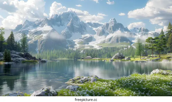 Serene Mountain Lake with Wildflowers