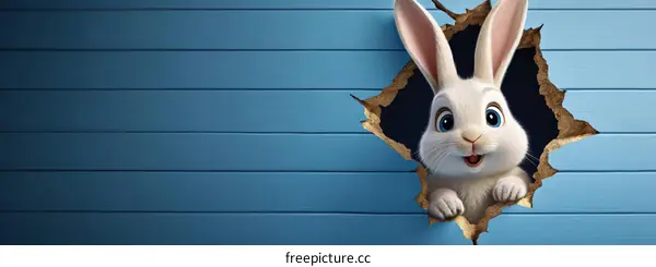 Cute Cartoon Bunny Peeking Through Hole in the Wall