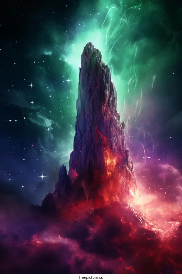 Fantasy Landscape with a Giant Rock Formation Surrounded by Vibrant Colors