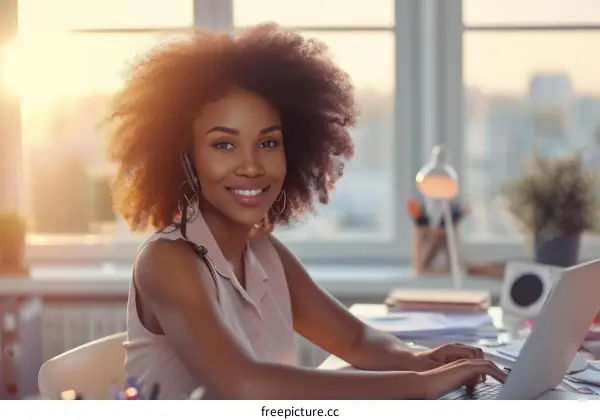Smiling African American woman with curly hair wearing a headset and working on a laptop in an office.