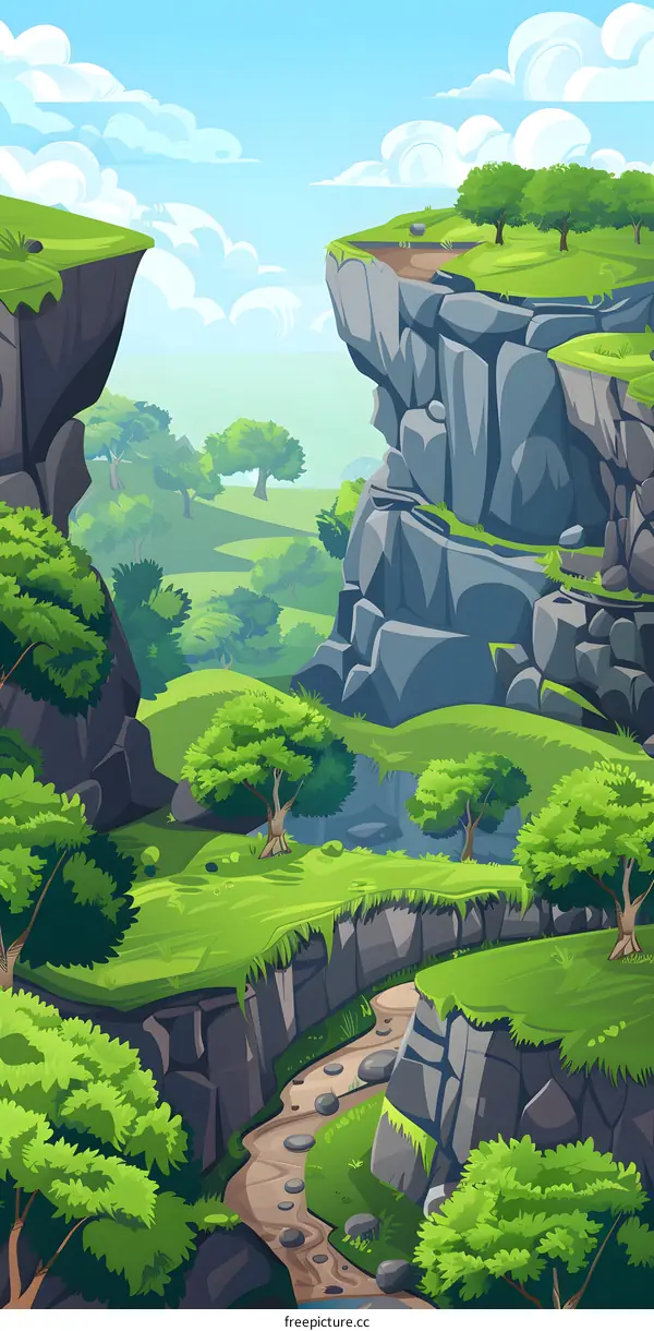 Cartoon Landscape Illustration Of Lush Green Hills With Stream And Rocks