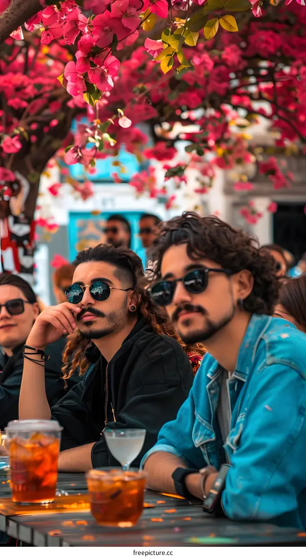 Two Men Sitting Underneath Flowers with Drinks