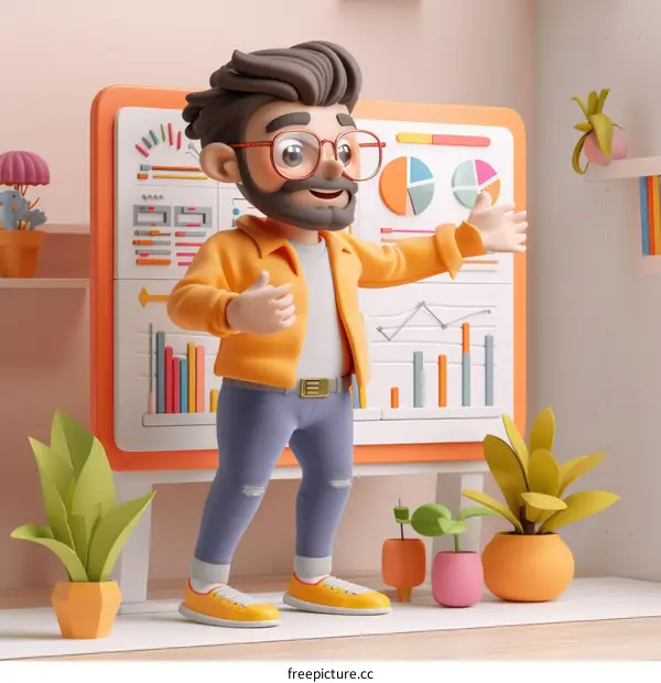 3D cartoon character of a man standing in front of a whiteboard giving a presentation