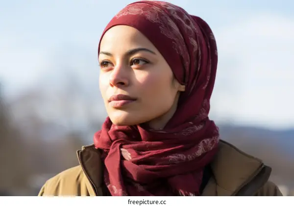 Portrait of a young Muslim woman wearing a red hijab