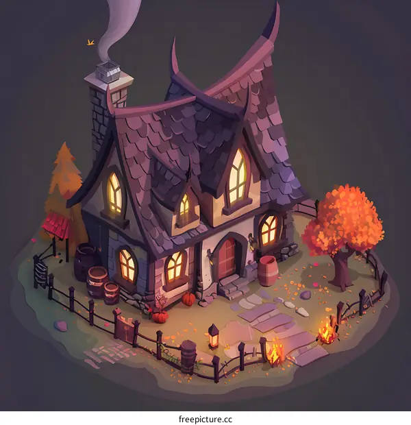 Spooky Halloween Cottage with a Fence and Fall Foliage