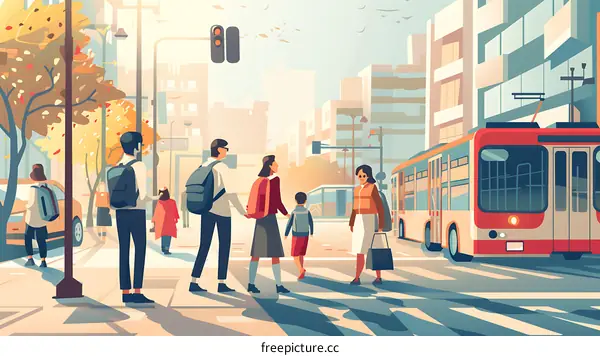 People Walking on a Street with Bus and Buildings