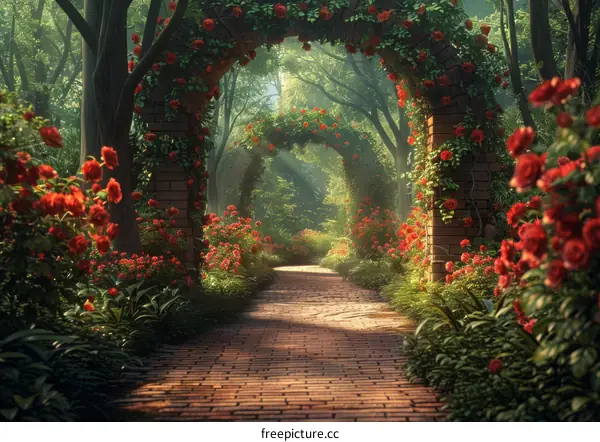 Stone Path Through a Garden of Red Roses