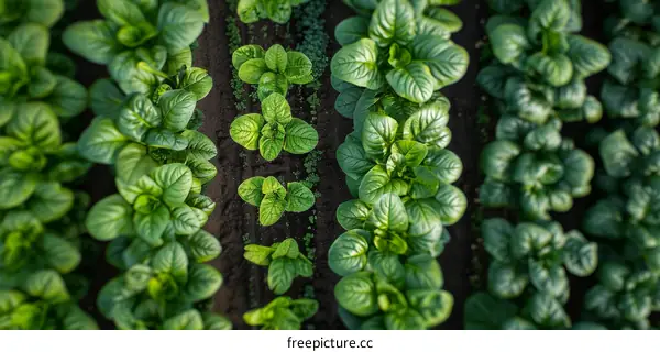 Aerial View of Green Mustard Greens Growing in a Cultivated Field
