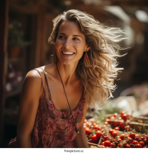 Portrait of a smiling woman with long blond hair wearing a pink dress standing in a market
