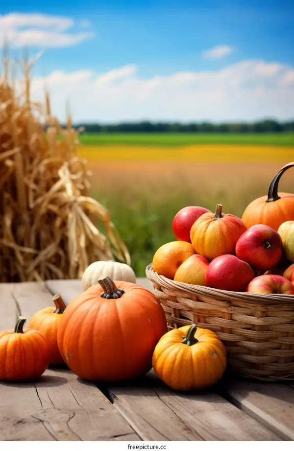 A basket of apples and pumpkins sits on a wooden table in front of a field of wheat and hay bales