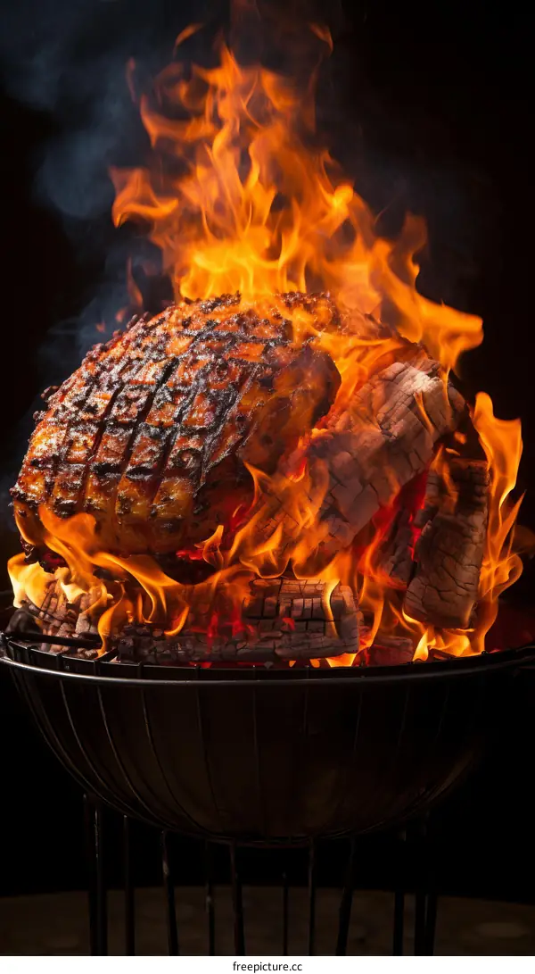 A large piece of meat is being grilled on a charcoal grill.
