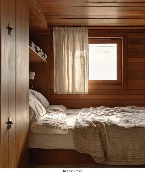 Light and airy bedroom with wood-paneled walls