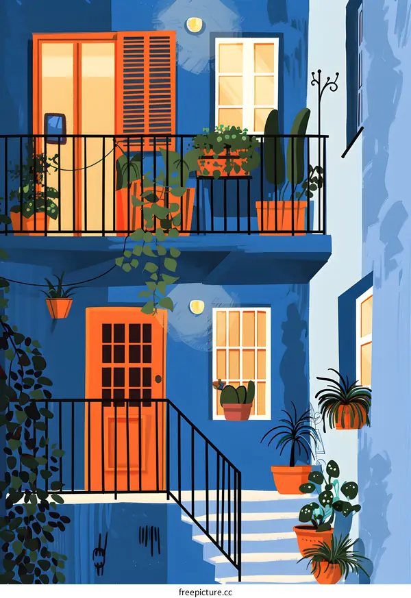 Blue Building with Orange Door and Balcony