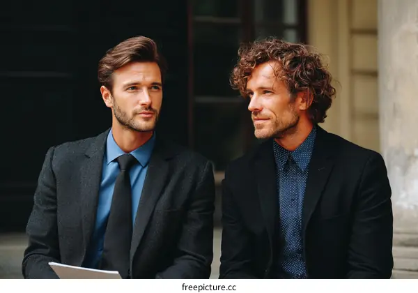 Two Caucasian Businessmen Discussing Outdoors