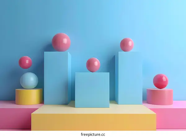 Pink and blue podiums with pastel balls