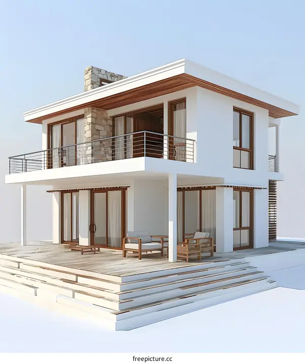 Modern Minimalist Two Story House Design With Deck And Balconies