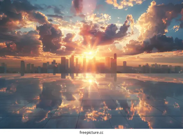 Sunrise City Skyline Reflection Panorama