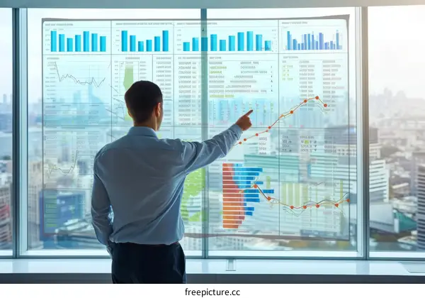 Businessman analyzing company data on digital screen