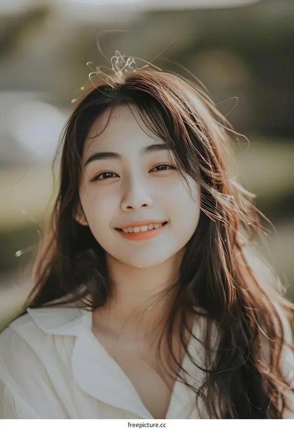 Portrait of a Smiling Asian Woman with Long Hair