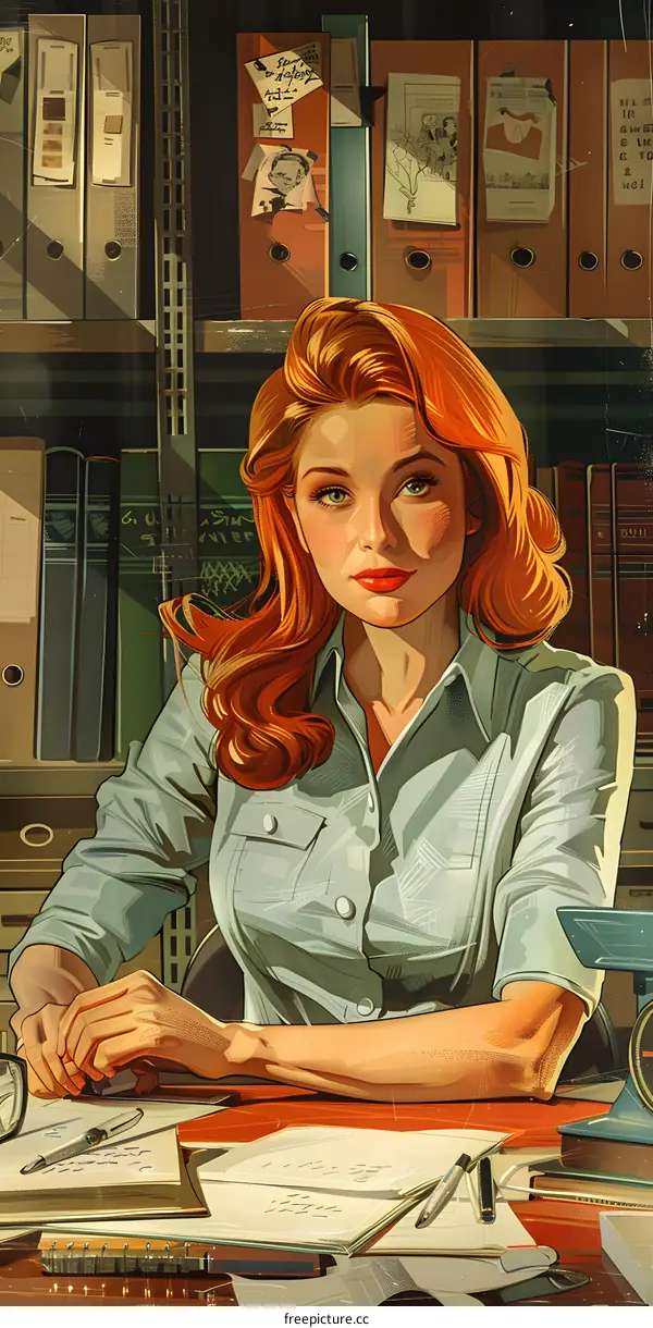 Redhead woman in a blue shirt sitting at a desk in an office