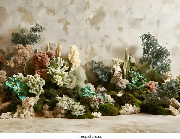Desert Landscape with White Rocks and Green Plants