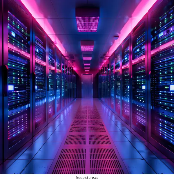 Modern Data Center Interior with Neon Lighting