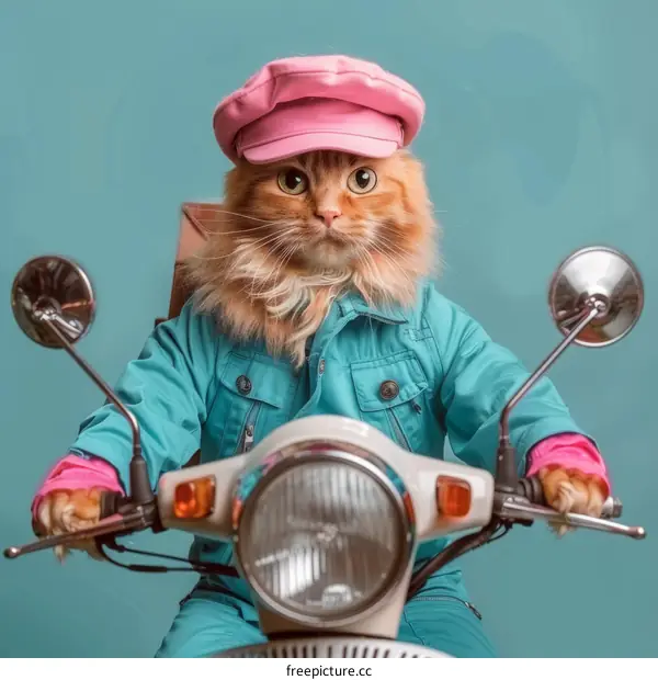 Ginger Cat on Scooter with Pink Hat and Blue Jacket