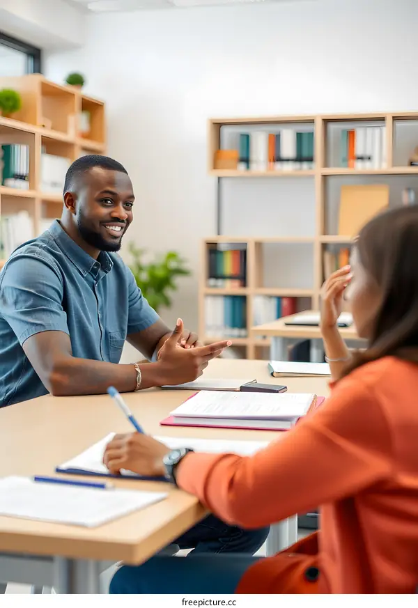 Two Students Studying Together in Classroom