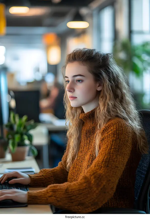 Young Woman Working on Computer in Modern Office